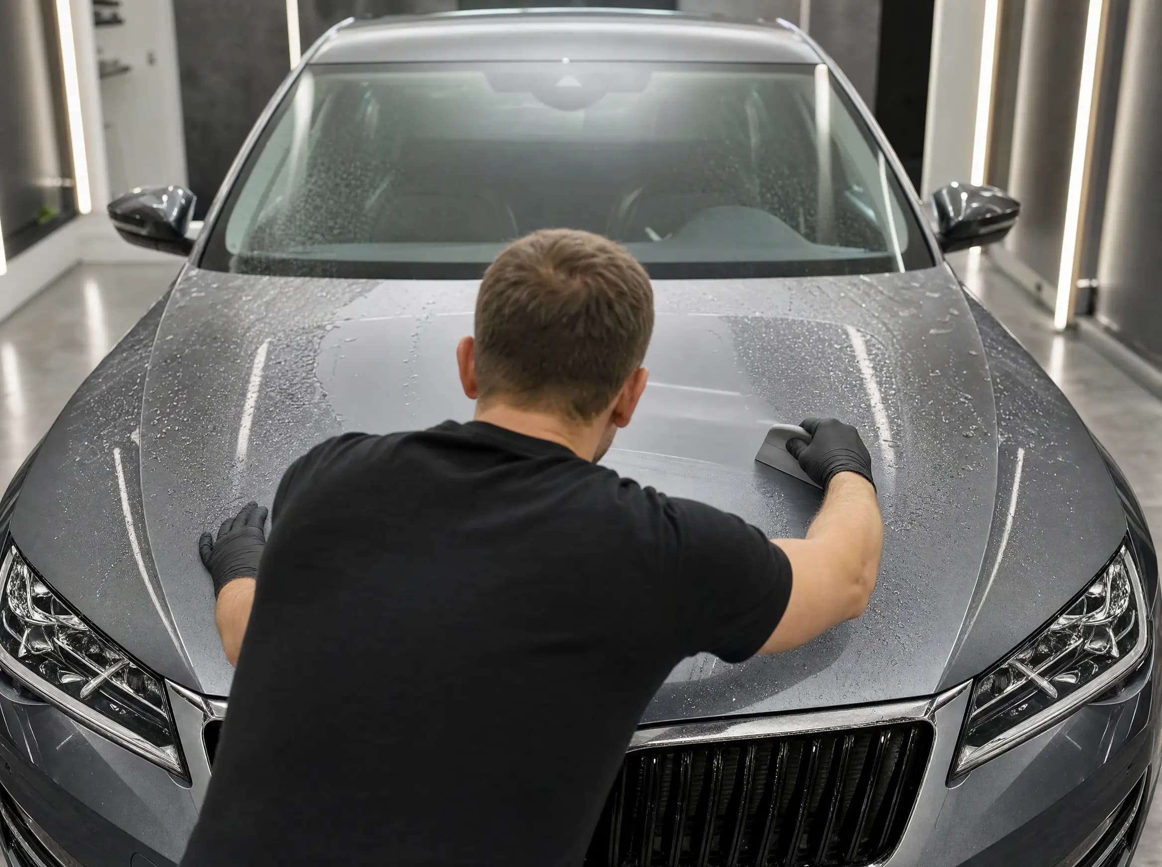 Professionnel appliquant un film de protection PPF sur l’avant d’une voiture